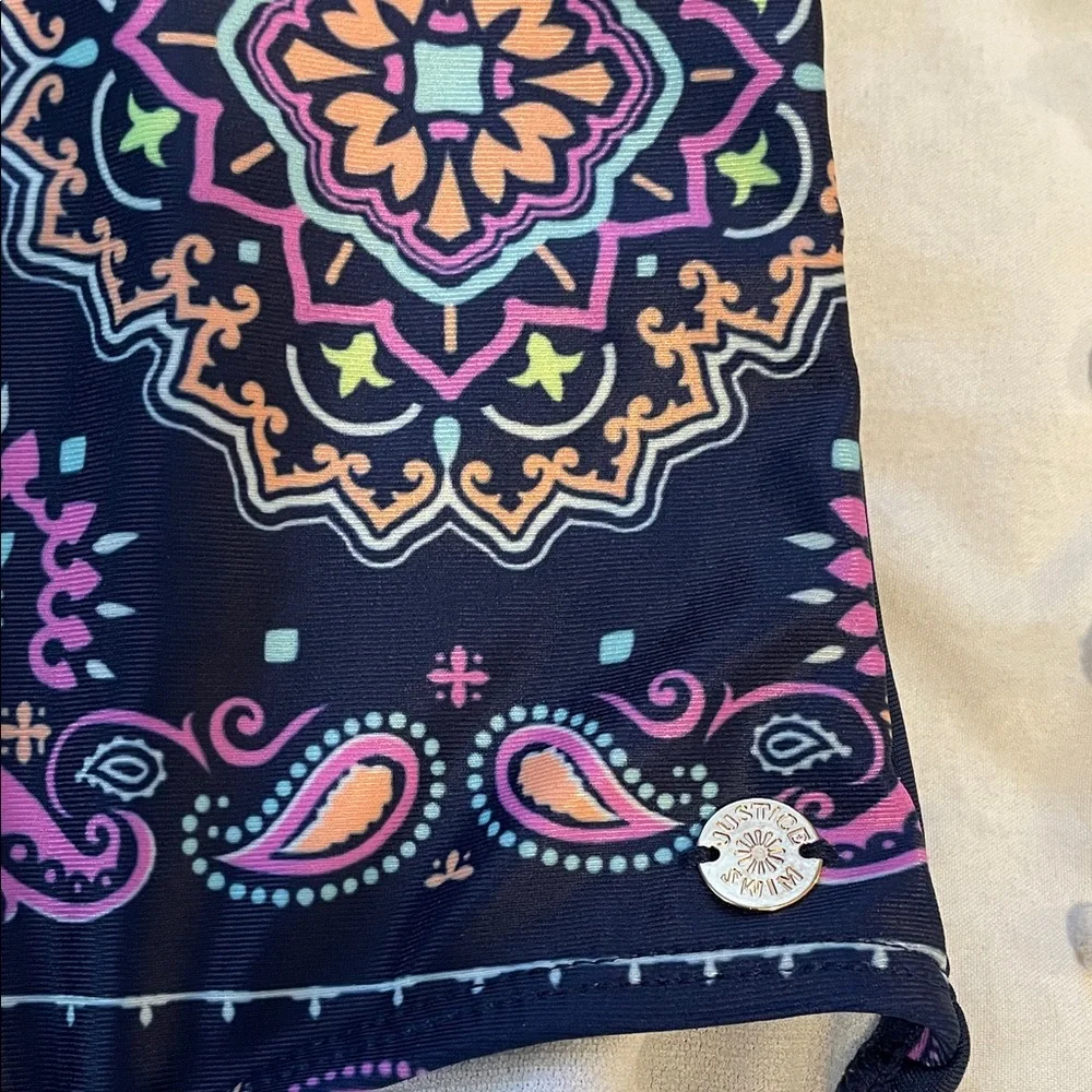 Justice Kids Rashguard one piece swimsuit with Pink and Blue Patchwork nwt